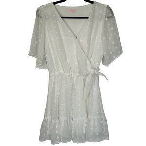 PINK LILY Women’s Chiffon Dress‎ White Swiss Dots Snap/Neck Ruffle Mini Lined S